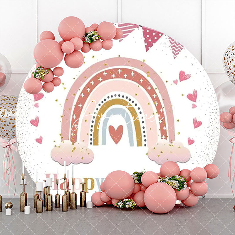 Aperturee - White Pink Rainbow Boho Round Backdrop For Birthday