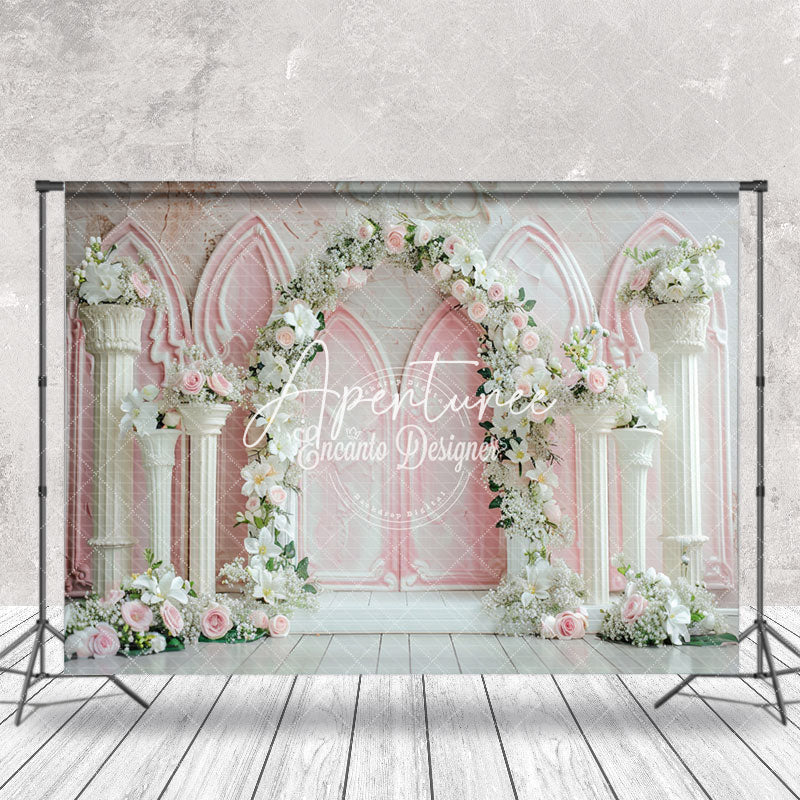 Aperturee - White Pink Retro Wall Arch Floral Wedding Backdrop