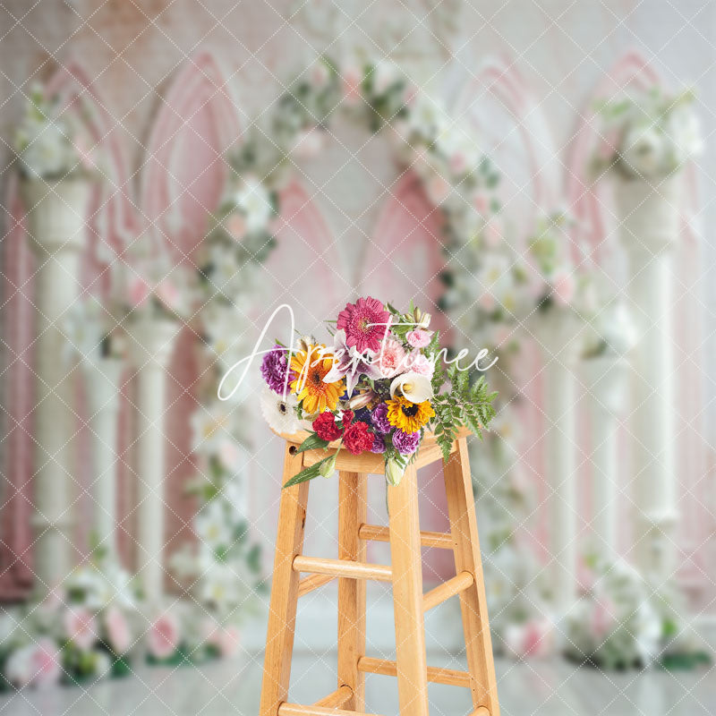 Aperturee - White Pink Retro Wall Arch Floral Wedding Backdrop