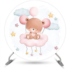 Aperturee - White Pink Simling Bear Round Baby Shower Backdrop