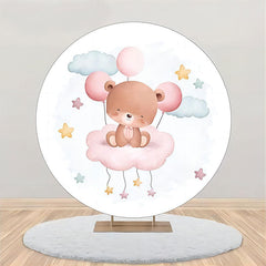 Aperturee - White Pink Simling Bear Round Baby Shower Backdrop