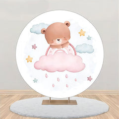 Aperturee - White Pink Sleeping Bear Round Baby Shower Backdrop