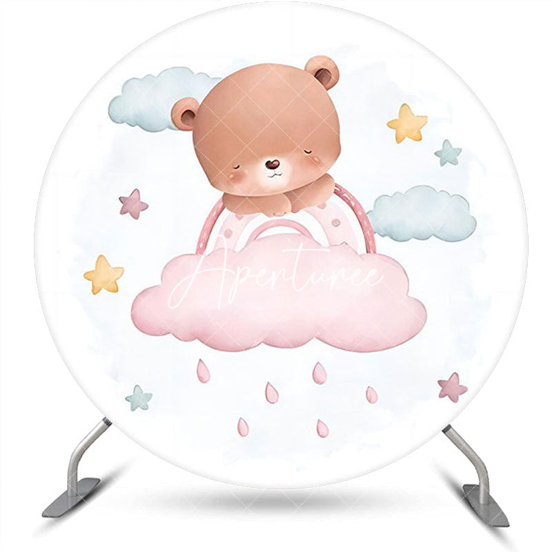 Aperturee - White Pink Sleeping Bear Round Baby Shower Backdrop