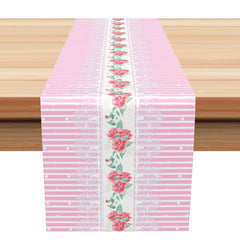 Aperturee - White Pink Stripe Floral Valentines Day Table Runner