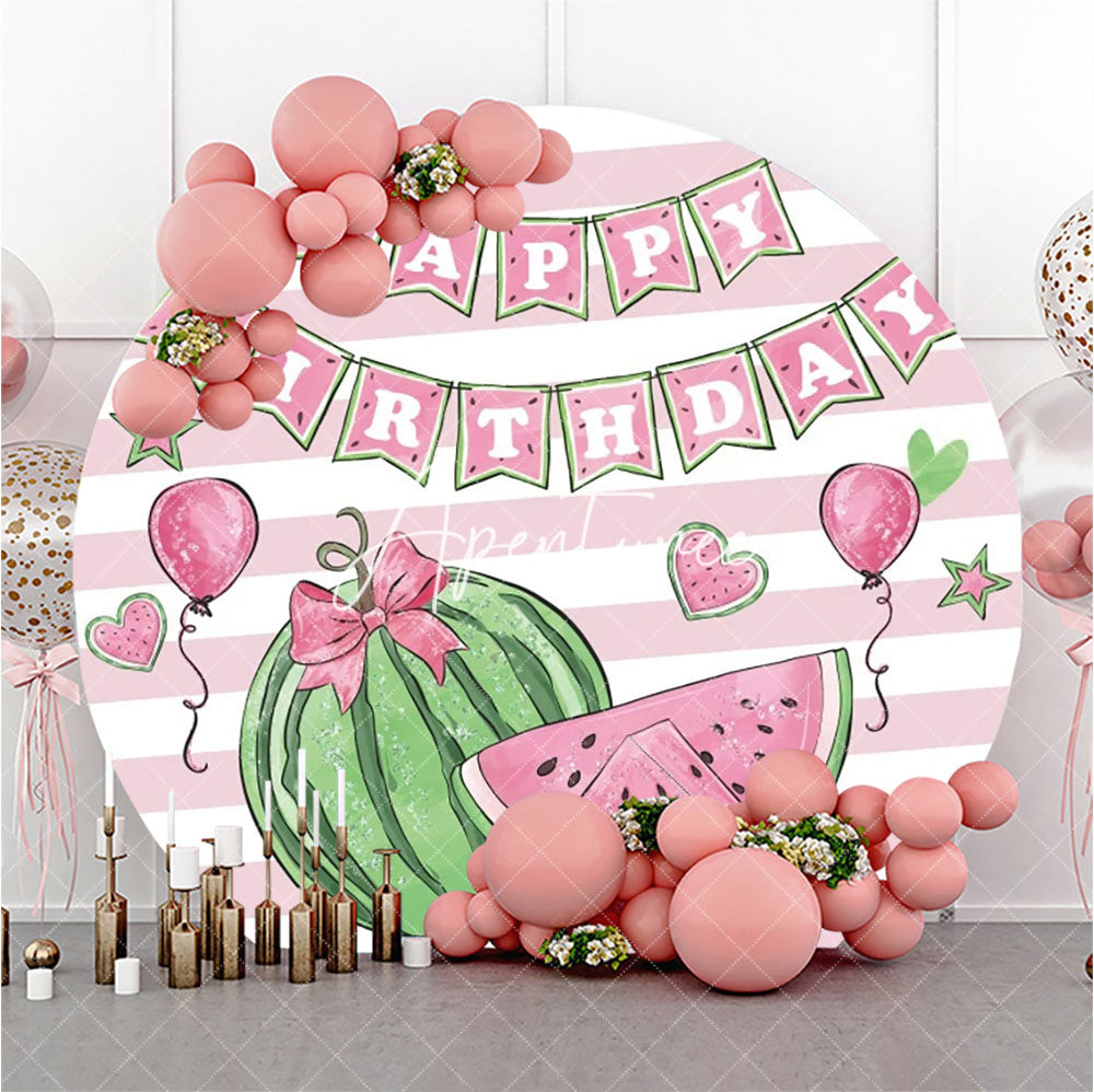 Aperturee - White Pink Stripe Watermelon Round Birthday Backdrop