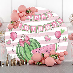 Aperturee - White Pink Stripe Watermelon Round Birthday Backdrop