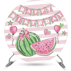 Aperturee - White Pink Stripe Watermelon Round Birthday Backdrop