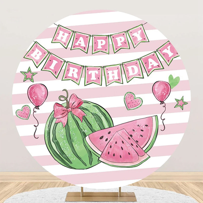 Aperturee - White Pink Stripe Watermelon Round Birthday Backdrop