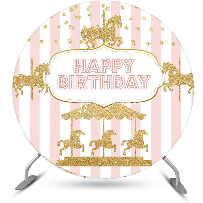 Aperturee - White Pink Stripes Circus Round Birthday Backdrop