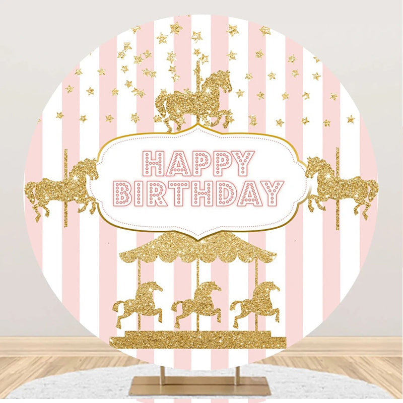 Aperturee - White Pink Stripes Circus Round Birthday Backdrop