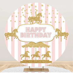 Aperturee - White Pink Stripes Circus Round Birthday Backdrop