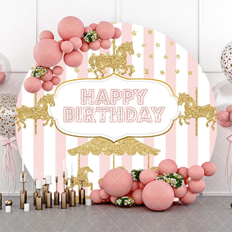 Aperturee - White Pink Stripes Circus Round Birthday Backdrop