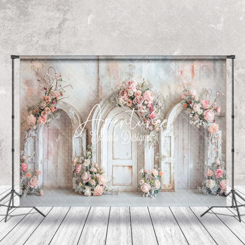 Aperturee - White Pink Vintage Wall Arch Floral Wedding Backdrop