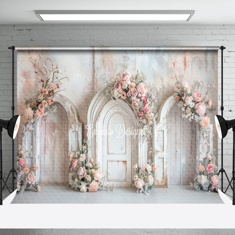 Aperturee - White Pink Vintage Wall Arch Floral Wedding Backdrop