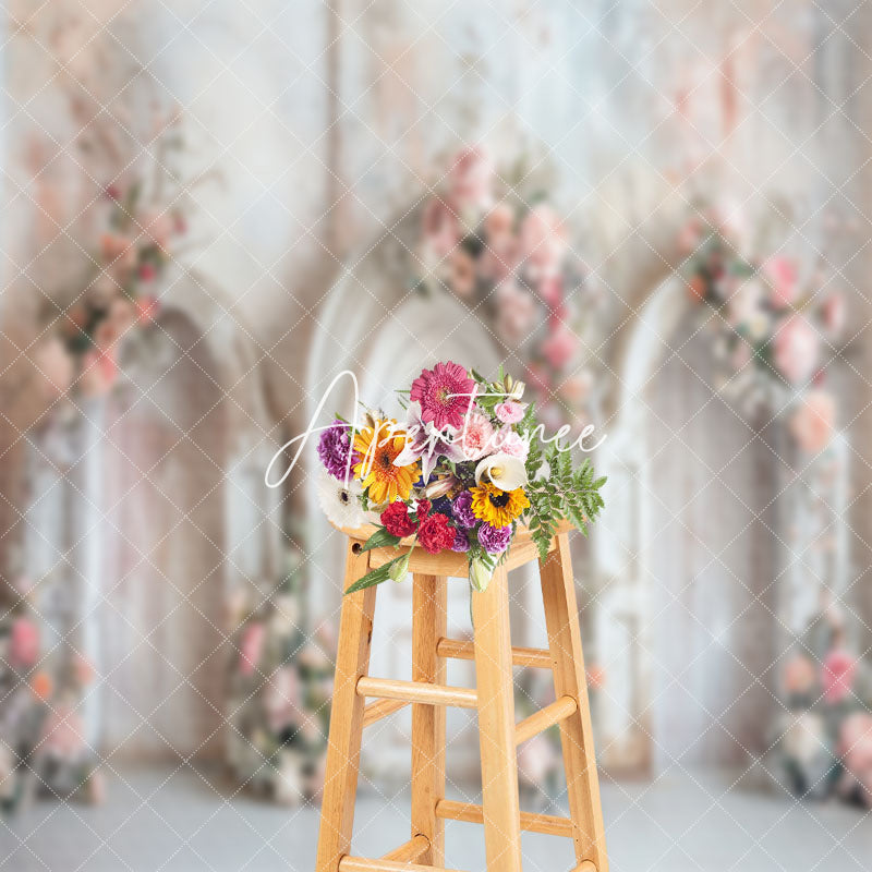 Aperturee - White Pink Vintage Wall Arch Floral Wedding Backdrop