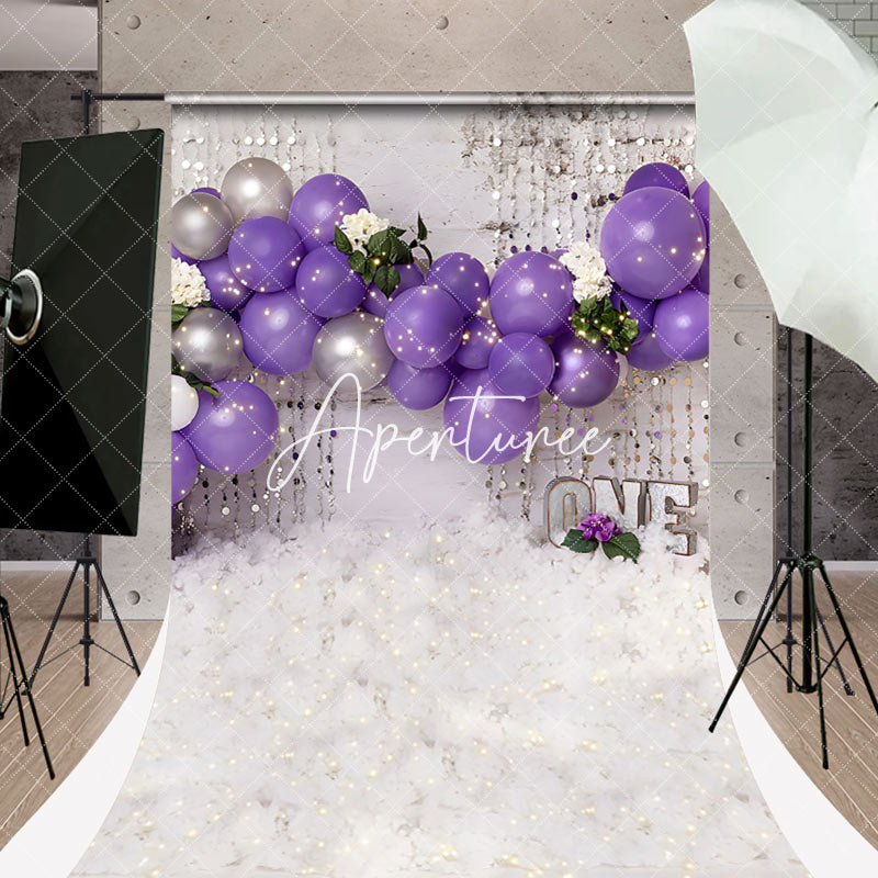 Aperturee - White Purple Balloons Sweep Backdrop For Cake Smash