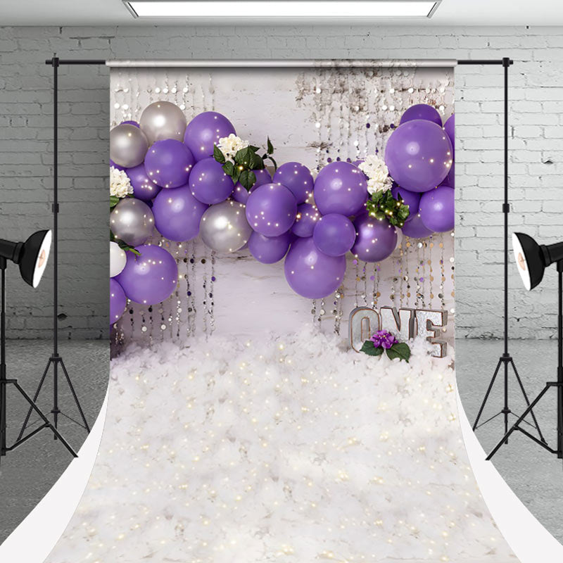 Aperturee - White Purple Balloons Sweep Backdrop For Cake Smash