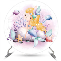 Aperturee - White Purple Coral Mermaid Round Birthday Backdrop