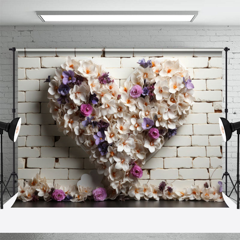 Aperturee - White Purple Flower Brick Valentines Day Backdrop