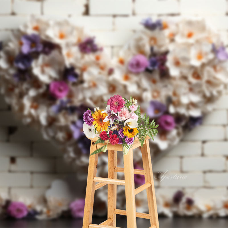 Aperturee - White Purple Flower Brick Valentines Day Backdrop