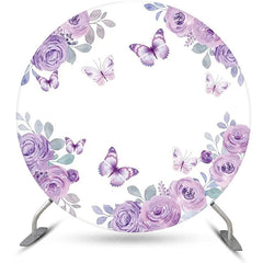 Aperturee - White Purple Rose Butterfly Round Birthday Backdrop