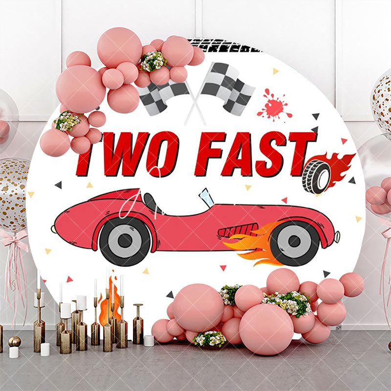 Aperturee - White Racing Car Two Fast Round Birthday Backdrop