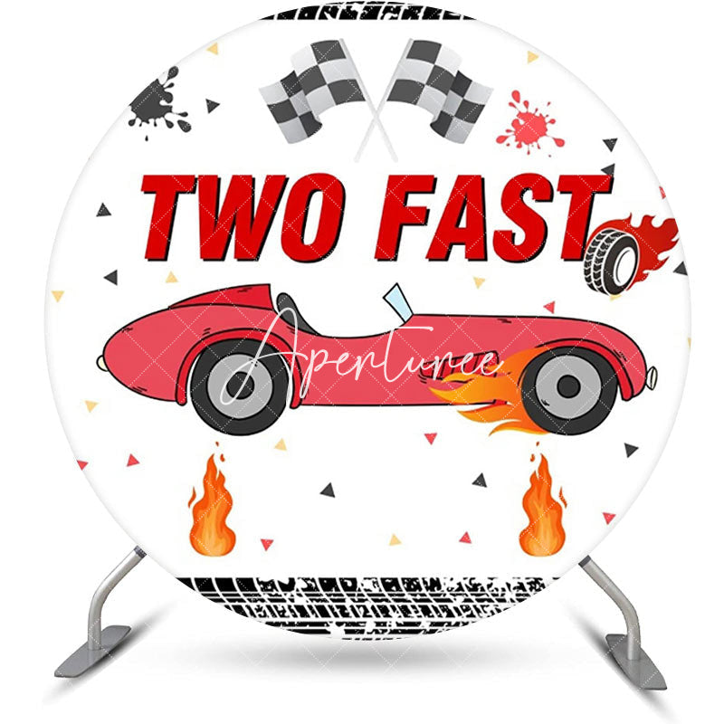 Aperturee - White Racing Car Two Fast Round Birthday Backdrop