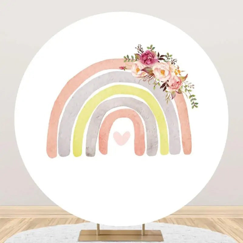 Aperturee - White Rainbow Floral Boho Round Birthday Backdrop