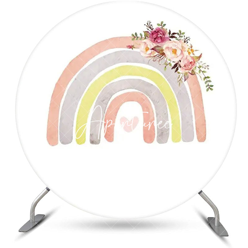 Aperturee - White Rainbow Floral Boho Round Birthday Backdrop