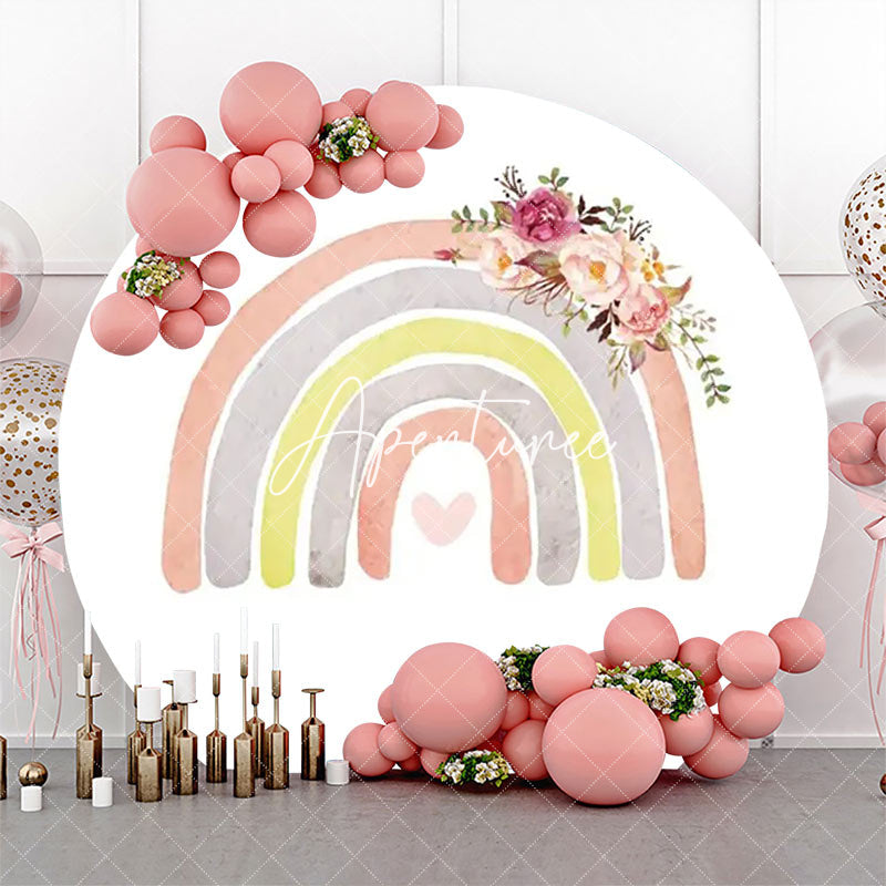 Aperturee - White Rainbow Floral Boho Round Birthday Backdrop