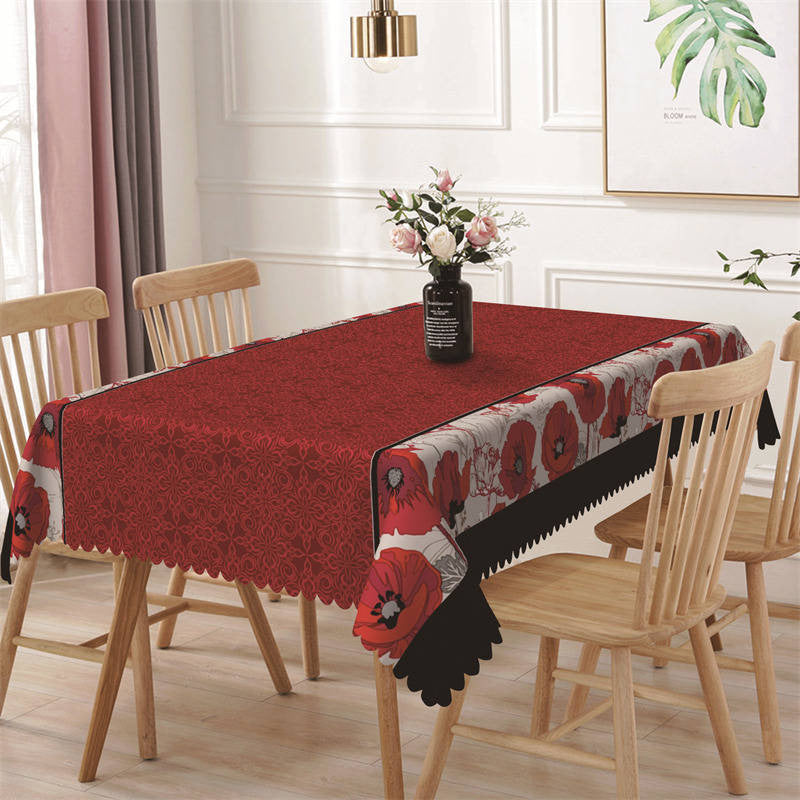 Aperturee - White Red Floral Patterns Retro Rectangle Tablecloth