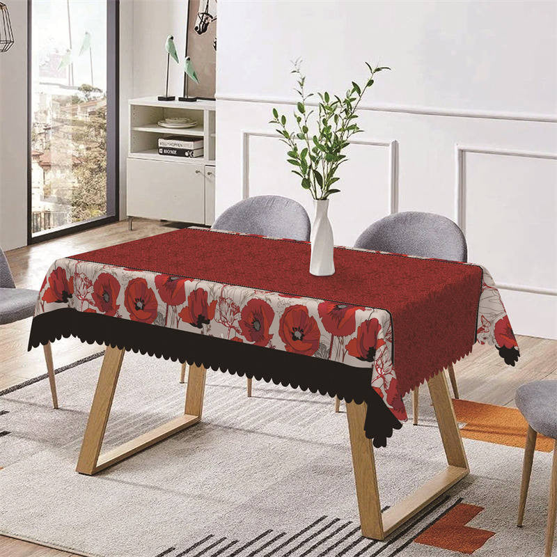 Aperturee - White Red Floral Patterns Retro Rectangle Tablecloth