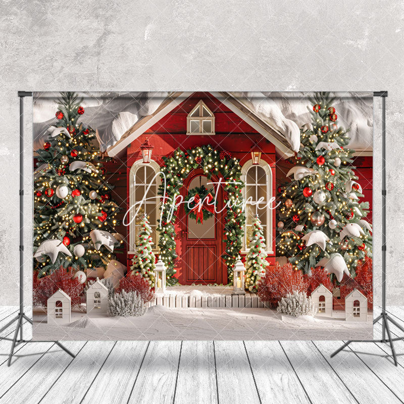 Aperturee - White Red House Trees Snow Christmas Photo Backdrop