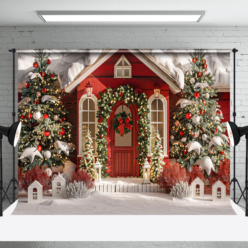 Aperturee - White Red House Trees Snow Christmas Photo Backdrop