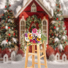 Aperturee - White Red House Trees Snow Christmas Photo Backdrop