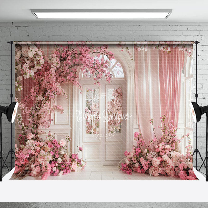 Aperturee - White Retro Arch Door Pink Floral Wedding Backdrop