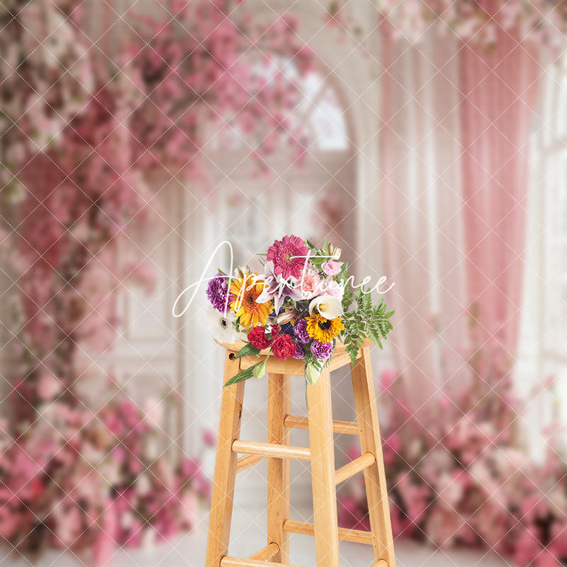 Aperturee - White Retro Arch Door Pink Floral Wedding Backdrop