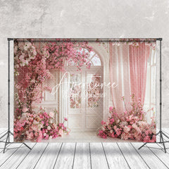 Aperturee - White Retro Arch Door Pink Floral Wedding Backdrop