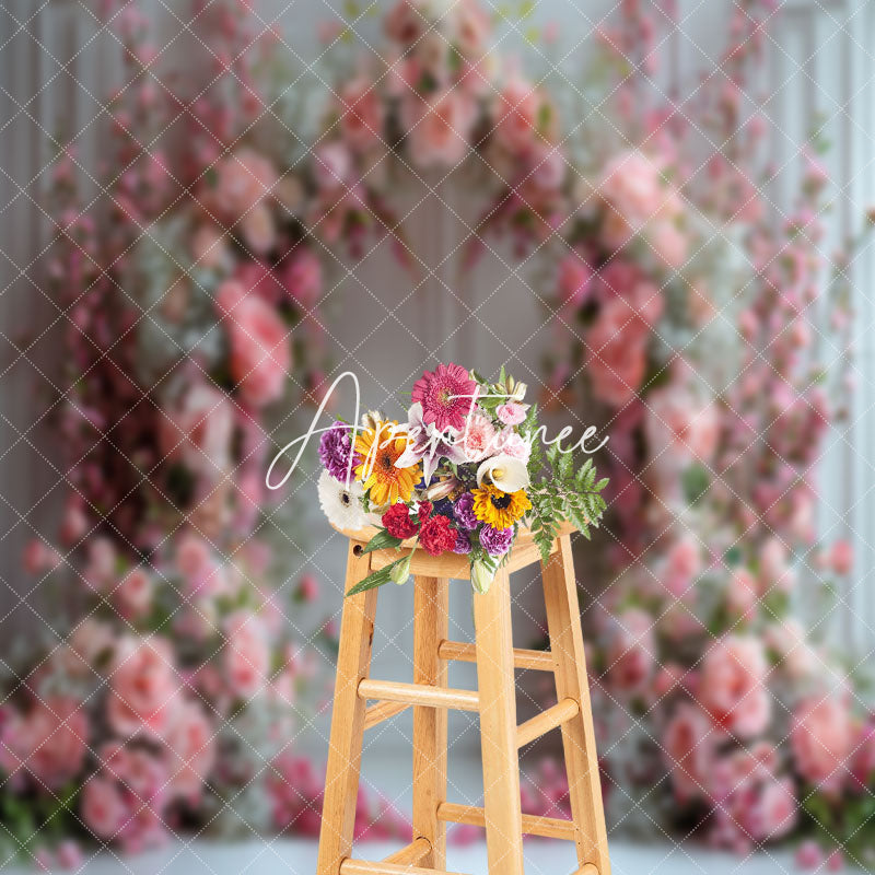 Aperturee - White Retro Wall Pink Arch Floral Wedding Backdrop