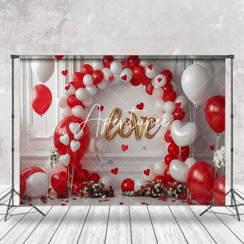 Aperturee - White Retro Wall Red Balloon Valentines Day Backdrop