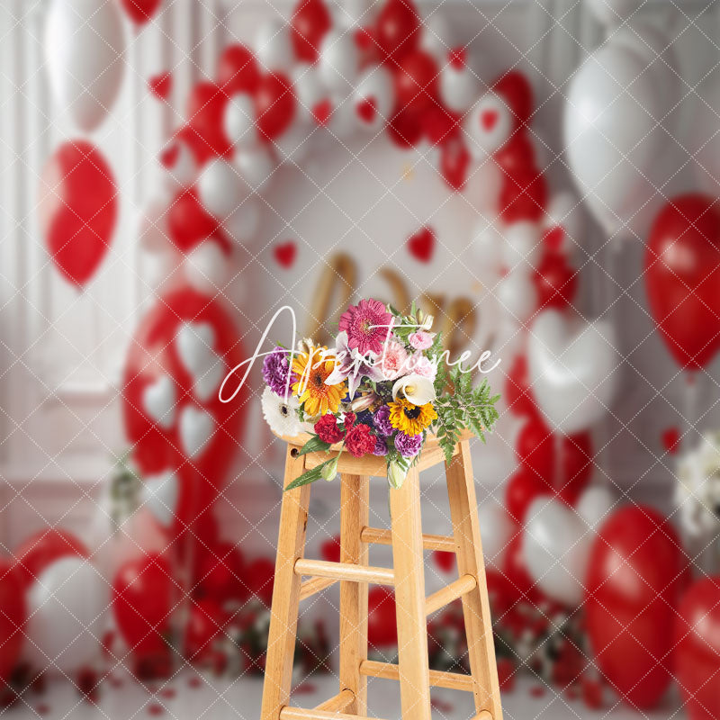 Aperturee - White Retro Wall Red Balloon Valentines Day Backdrop