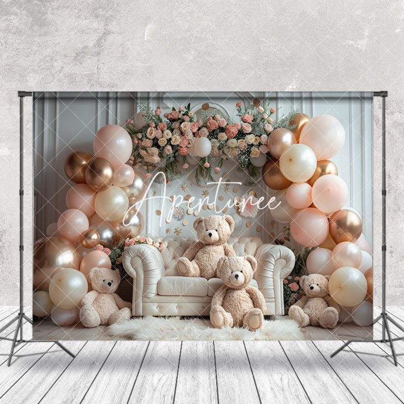 Aperturee - White Room Sofa Balloons Bear Cake Smash Backdrop