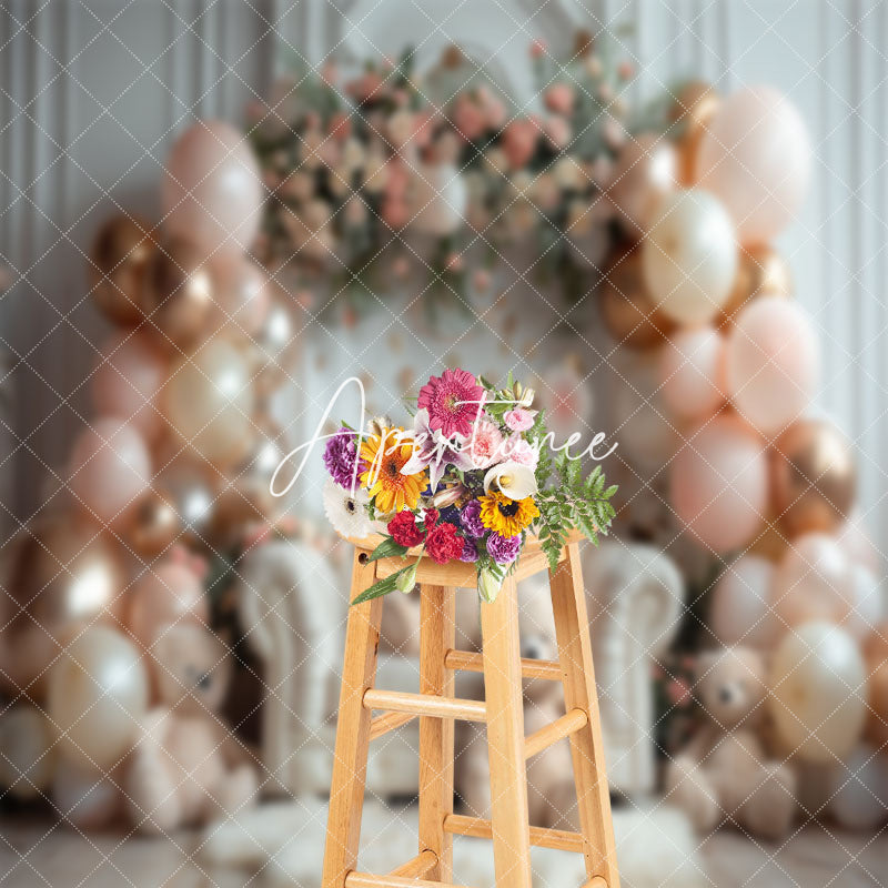 Aperturee - White Room Sofa Balloons Bear Cake Smash Backdrop