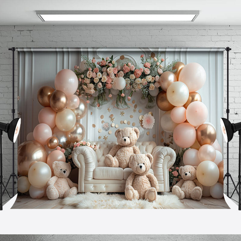 Aperturee - White Room Sofa Balloons Bear Cake Smash Backdrop