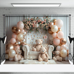 Aperturee - White Room Sofa Balloons Bear Cake Smash Backdrop