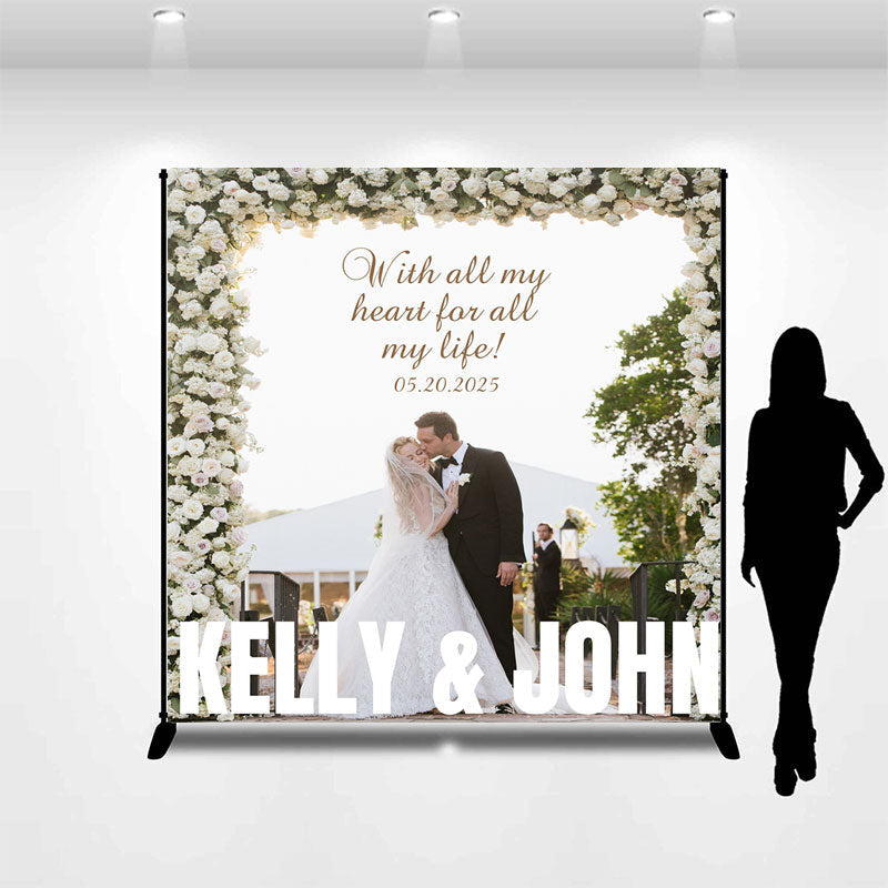 Aperturee - White Roses Custom Wedding Backdrop With Photo