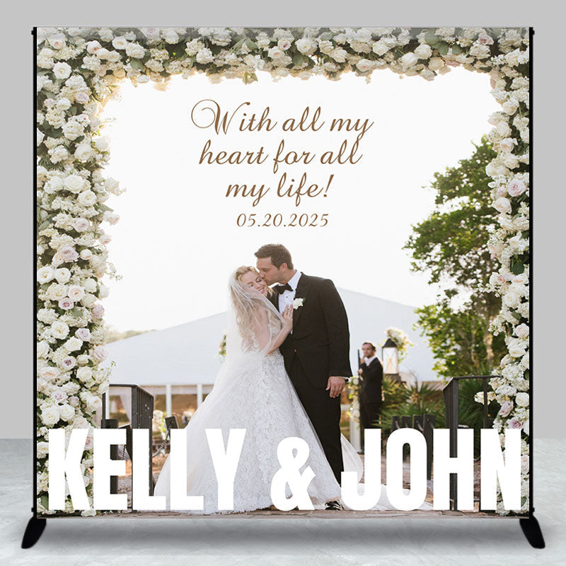 Aperturee - White Roses Custom Wedding Backdrop With Photo