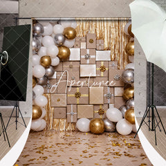 Aperturee - White Silver Gold Balloon Gifts Sweep Photo Backdrop