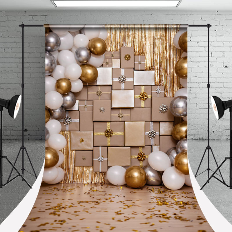 Aperturee - White Silver Gold Balloon Gifts Sweep Photo Backdrop