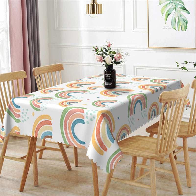 Aperturee - White Smrat Rainbow Pattern Repeat Dining Tablecloth